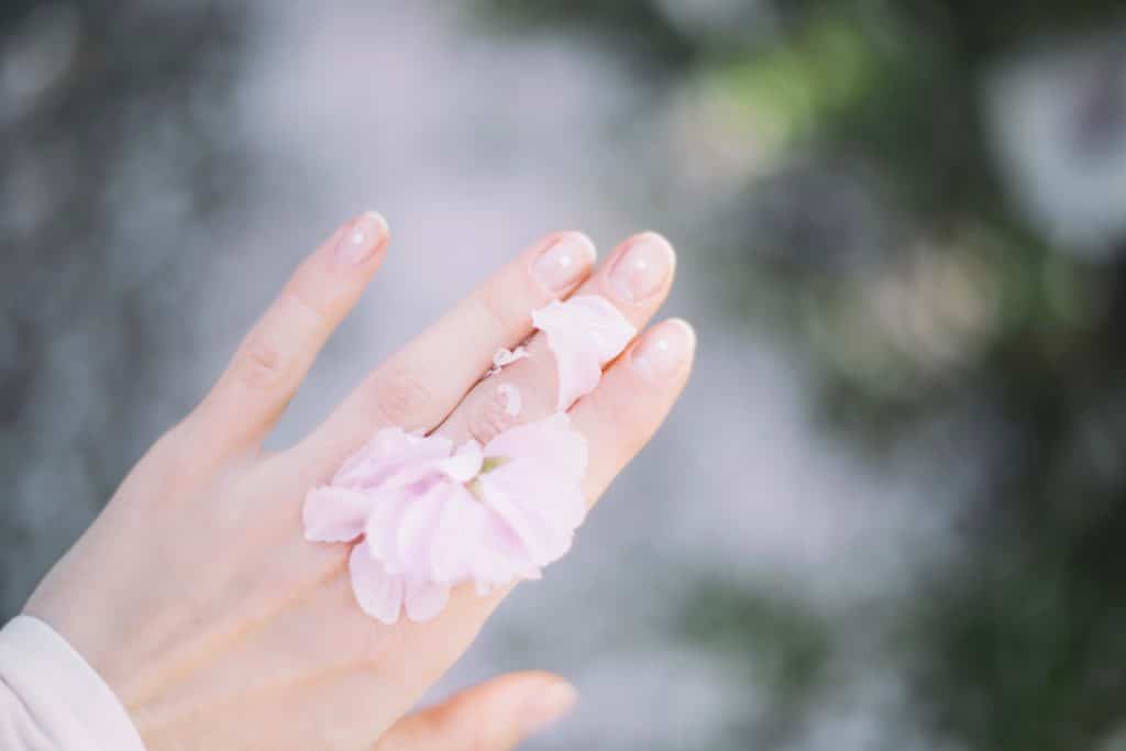 Main de femme qui tient une fleur violette avec des ongles manucurés