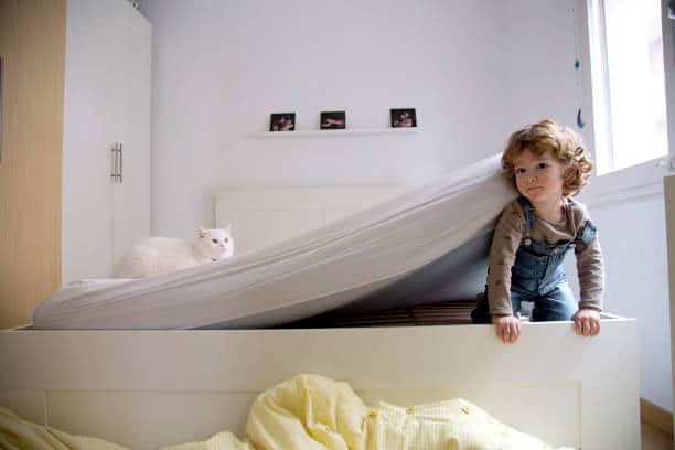 Enfant jouant avec un chat sur matelas