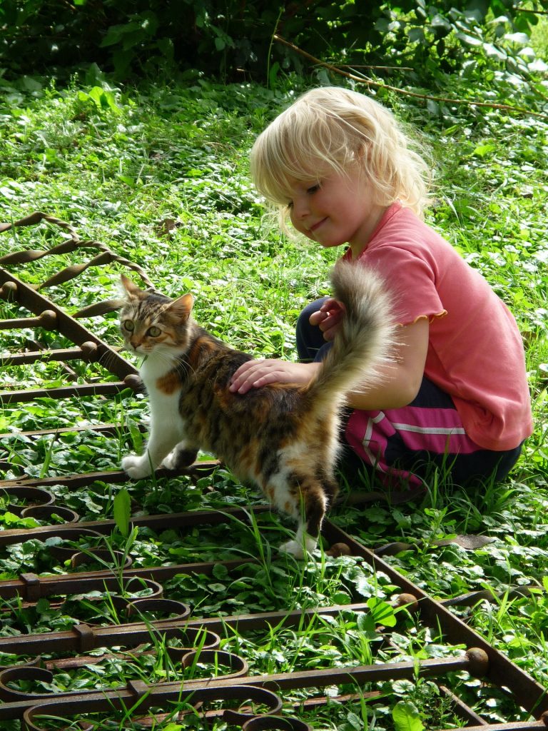 Petite fille blonde accroupie qui caresse un chat dans l'herbe